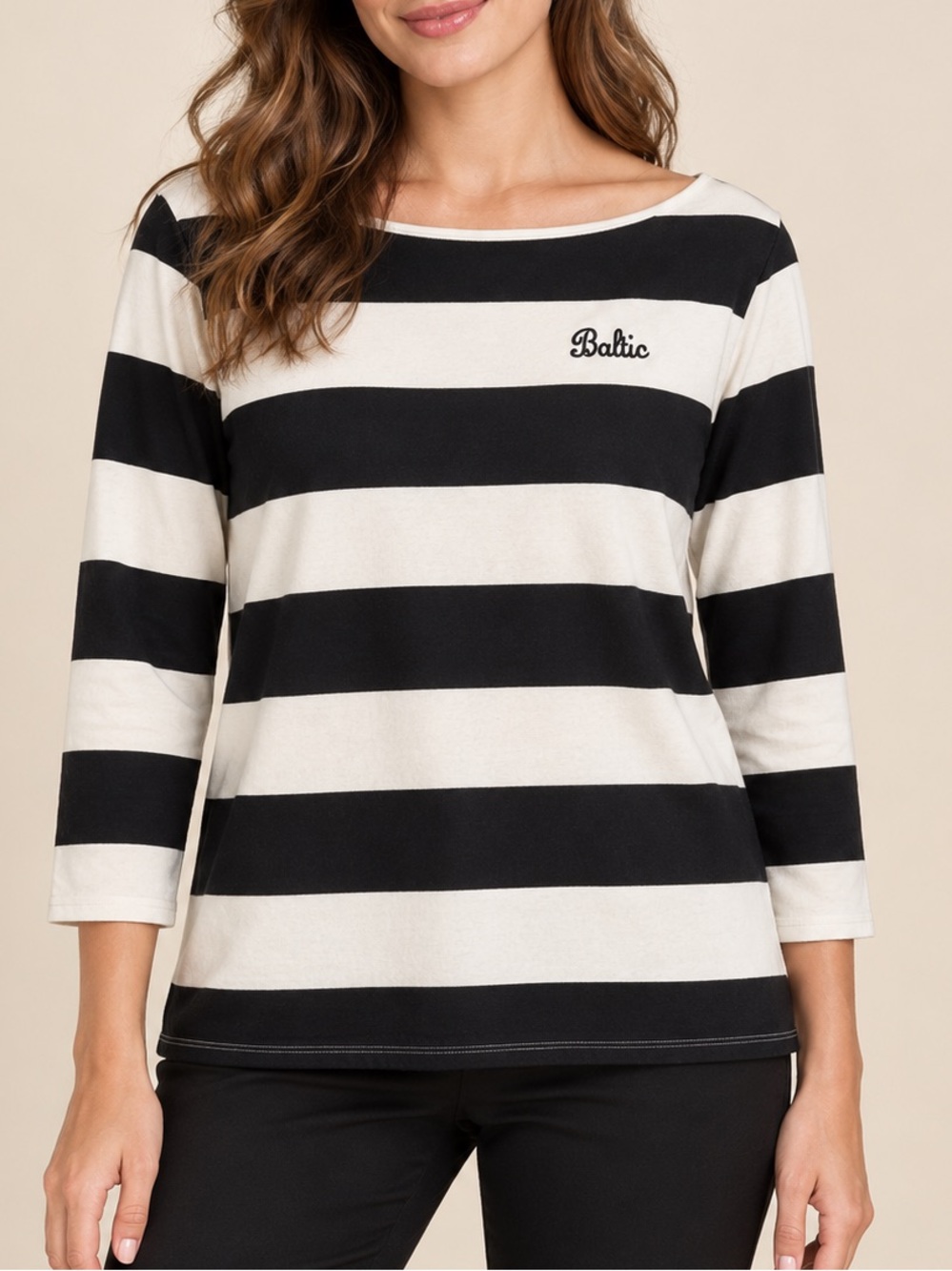 Baltic STRIPED stretch Cotton Top Size L Black Ivory Embroidered Logo